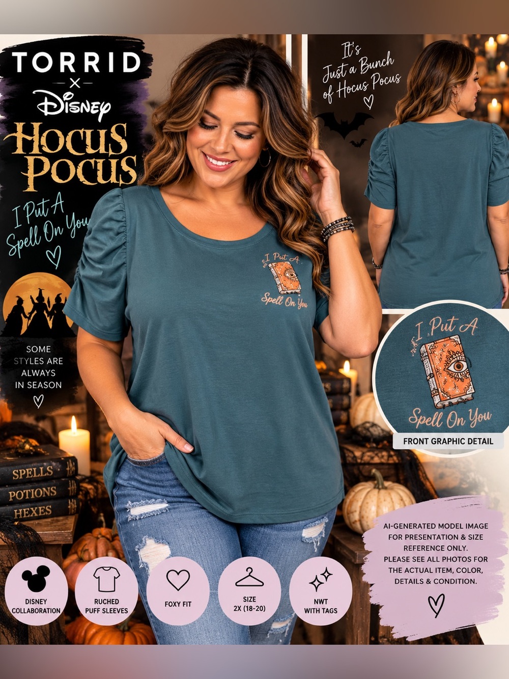 Torrid x Disney Hocus Pocus Foxy Ruched Sleeve Top 2X